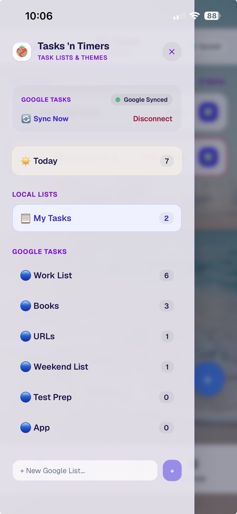 List drawer with Today and Google Tasks lists