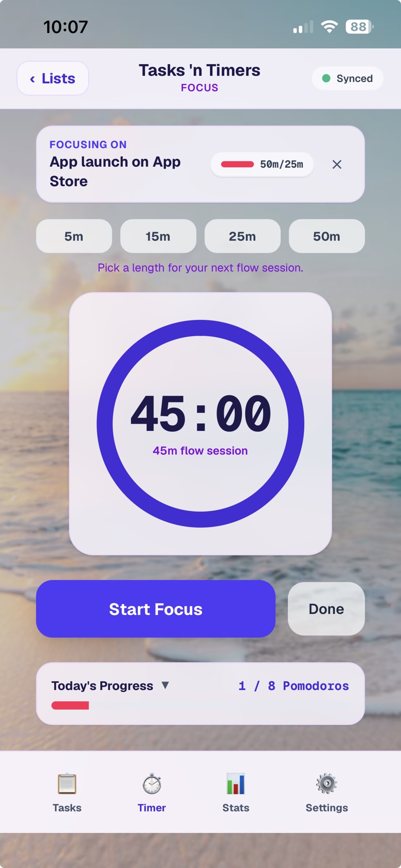 Flow timer with session length and extend buttons